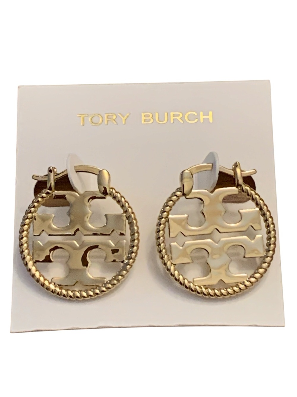Tory Burch Gold and Ivory Logo Hoop Earrings
